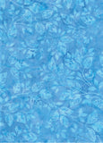 Light blue batik fabric with a repeating leaf and vine pattern in various shades of blue.