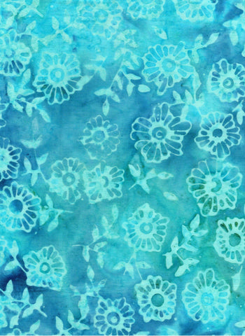 CAB 838 FB3 Floral Boutique Collection: Aqua Hexagonal Flowers on Mid Aqua/Blue Cotton Batik Fabric for Patchwork and Quilting
