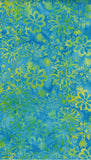 Patterned cotton batik fabric with blue and green floral design