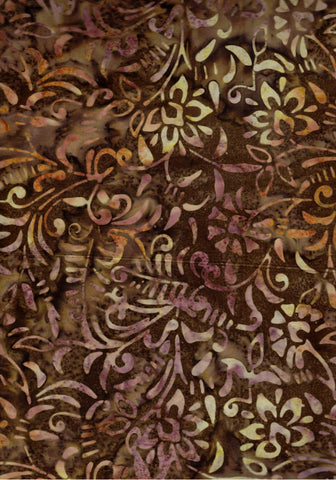 CACB 752 FB2 Floral Boutique Tan Mauve Leaves Geometric Pattern on Mid Chocolate Brown Batik Cotton for Patchwork and Quilting