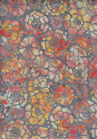 CACB 711H  Grey with Orange Yellow Peach Flowers Hoffman Batik Fabric for Patchwork and Quilting