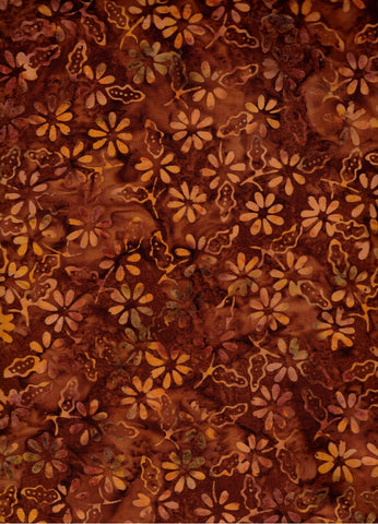 CACB 724 FB Floral Boutique Mid brown with Gold Small Flowers and Leaves Batik Cotton for Patchwork and Quilting