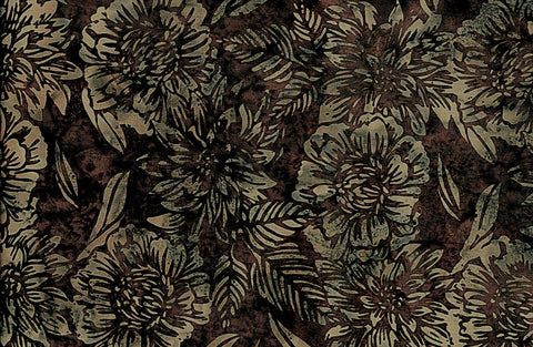 CACB 760H  Mid Brown with Grey Green Flowers Hoffman Batik Fabric for Patchwork and Quilting