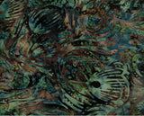 CACB 766 T Teal Green Seaweed Shapes on Tan Brown Batik Cotton Fabric for Patchwork and Quilting. Timeless Tonga Fabric