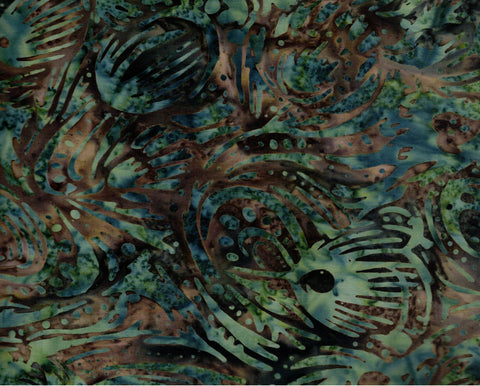 CACB 766 T Teal Green Seaweed Shapes on Tan Brown Batik Cotton Fabric for Patchwork and Quilting. Timeless Tonga Fabric