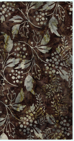 CACB 782 FB3 Floral Boutique Batik Cotton Grey, Tan Berries and Leaves on Mid Brown for Patchwork and Quilting