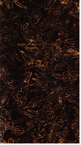 CACB 784 FB3 Floral Boutique Batik Cotton Gold and Grey Flowers on Chocolate Brown for Patchwork and Quilting