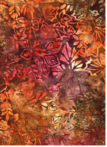 CACB 785 FB3 Floral Boutique Batik Cotton Orange, Purple, Gold and Blue Grey Flowers on Multi Coloured Brown for Patchwork and Quilting