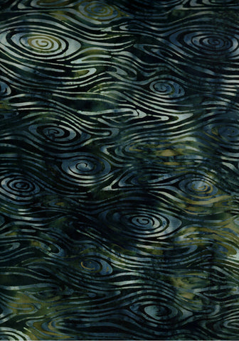 CAG 325H Dark and Olive Green with Steel Grey Swirls Hoffman Batik Fabric for Patchwork and Quilting