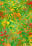 CAG 412 K Yellow Orange Gold Red Toucans and Leaves on Lime Green Batik Fabric for Patchwork and Quilting