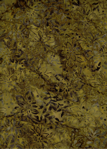 CAG 1023FB Floral Boutique Olive Green with Blue Grey Flowers and Leaf Sprays Batik Cotton