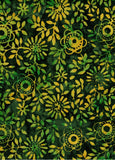 CAG 406 FB Floral Boutique Bright Mid Size Yellow and Green Geometric Flowers and Leaves on Dark Green Cotton for Patchwork and Quilting