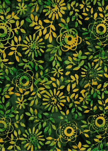 CAG 406 FB Floral Boutique Bright Mid Size Yellow and Green Geometric Flowers and Leaves on Dark Green Cotton for Patchwork and Quilting