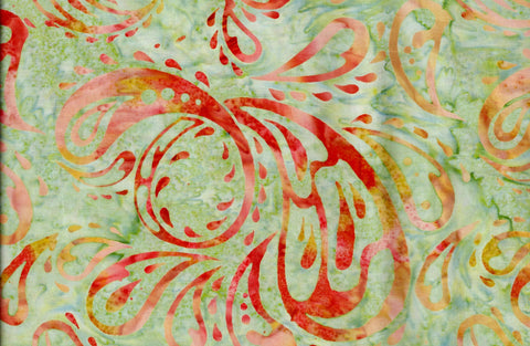 CAG 438 H Peach to Gold Spirals and Teardrops on Mint Green Hoffman Batik Fabric for Patchwork and Quilting