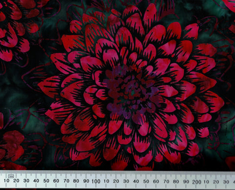 CAG 443 H Dahlia Flower Red on Green Cotton Batik Fabric by Hoffman Patchwork and Quilting