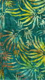 Colorful batik pattern with abstract shapes on a teal background