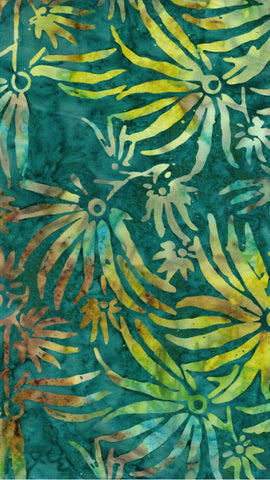CAG 446 FB3 Floral Boutique Batik Cotton Yellow Lime Tan Flowers on Teal for Patchwork and Quilting