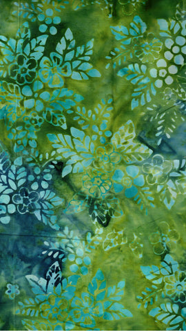 CAG 450 FB3 Floral Boutique Batik Cotton: Turquoise Floral Sprays on Green Blue for Patchwork and Quilting