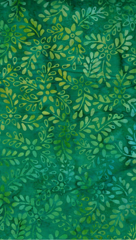 CAG 454 FB3 Floral Boutique Batik Cotton: Yellow Green Leaf Sprays with Small Flowers on Mid Green for Patchwork and Quilting