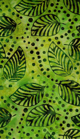 CAG 455 FB3 Floral Boutique Batik Cotton: Large Very Dark Green Outlined Leaves on Yellow Green with Dots for Patchwork and Quilting