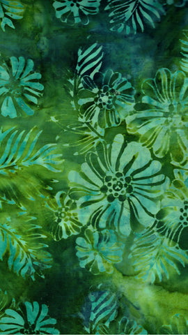 CAG 456 FB3 Floral Boutique Batik Cotton: Mid Sized Aqua Flowers on Blue Green for Patchwork and Quilting