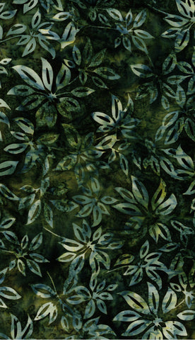 CAG 462 H Creamy White and Blue Leaves on Dark Green Batik Cotton Fabric for Patchwork and Quilting. Hoffman Fabric