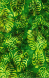 CAG A58 Bright Lime Green Philodendron Leaves on Mid to Dark Green 1M Bulk Discount Piece Batik Cotton