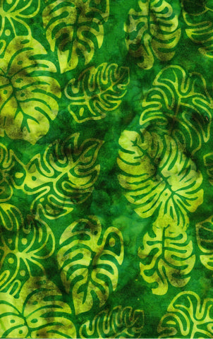 CAG A58 Bright Lime Green Philodendron Leaves on Mid to Dark Green 1M Bulk Discount Piece Batik Cotton