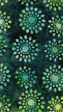Pattern of green and blue floral designs on a dark background