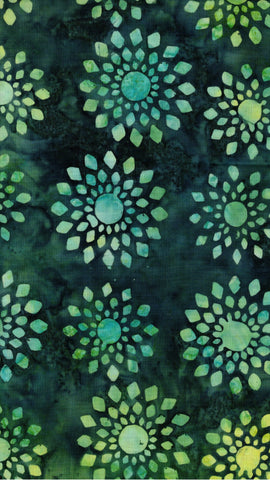 CAG A79 Lime Green to Blue Green Starbursts on Dark Green 0.95M Bulk Discount Piece Batik Cotton