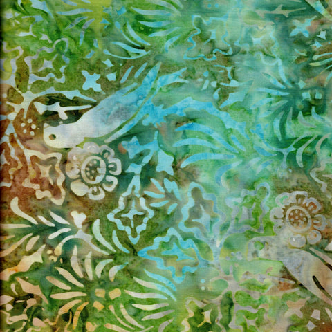 CAG 435 T Aqua Green and Tan Leaves and Birds Batik Cotton Fabric for Patchwork and Quilting. Timeless Tonga