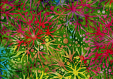 Colorful tie-dye pattern with green, pink, and red colors on a fabric background.