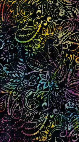 CAM A26 Bright Multicolour Paisley on Black 1.25M Bulk Discount Piece Batik Cotton