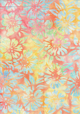 CAOY 238K Pale Aqua Blue on Yellow Peach Blooms Kaufman Batik Fabric for Patchwork and Quilting