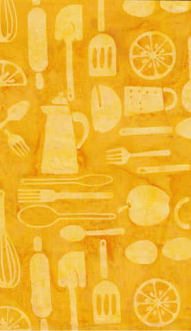 CAOY 184 Fruit and Utensils on Yellow Cotton Batik Fabric Bulk Discount 1M Piece