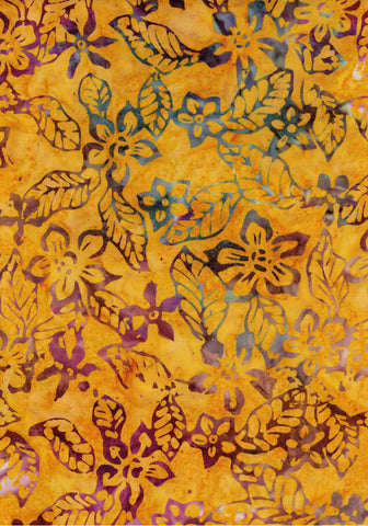 CAOY 201 Gold Yellow with Blue Purple Outline Flowers and Leaves Batik Fabric