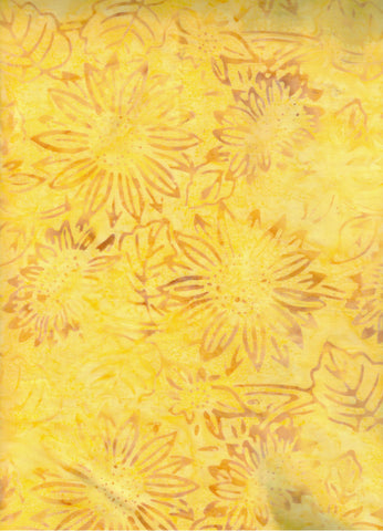 CAOY 220 FB Floral Boutique Yellow with Gold Outline Flowers and Leaves Batik Cotton for Patchwork and Quilting