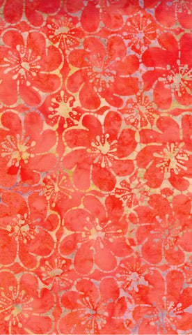 CAOY 264 FB3 Floral Boutique Batik Cotton Pale Yellow Mauve Outlined Flowers on Orange for Patchwork and Quilting