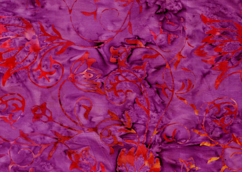 CAP 736 T Purple with Orange Floral Sprays Cotton Batik Fabric for Patchwork and Quilting. Timeless Tonga Fabric