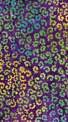 CAP BM 004 Floral Boutique Yellow Lime Aqua Small Spiral Motifs on Purple Cotton Batik for Patchwork and Quilting