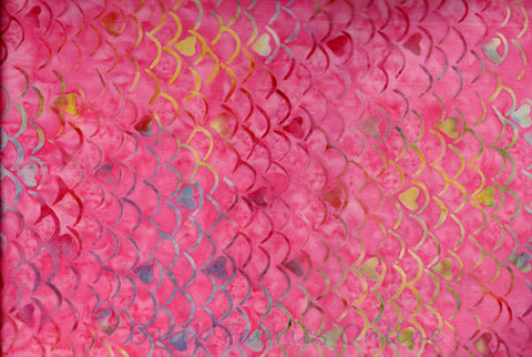 CAR 470 A  Pink with Small Multi Coloured Small Clam Shells and Hearts Batik for Patchwork and Quilting. Anthology Fabric