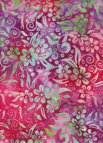 CAR 445FB Green, Aqua, Peach Flowers, Leaves and Swirls on Hot Pink, Mauve Cotton for Patchwork and Quilting