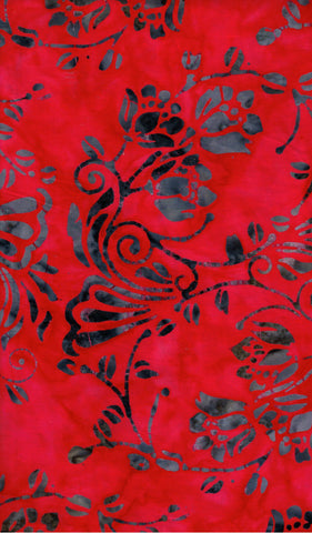 CAR 480 FB3 Floral Boutique Batik Cotton Grey Floral Sprays on Mid Dark Red for Patchwork and Quilting