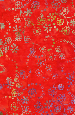 CAR 486 FB3 Floral Boutique Batik Cotton: Creamy Yellow Mauve Small Floral Sprays on Reddish Orange for Patchwork and Quilting