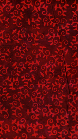 CAR 487 FB3 Floral Boutique Batik Cotton: Bright Red Curled Motifs on Very Dark Red for Patchwork and Quilting