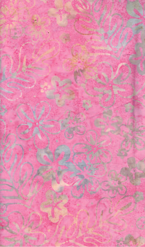 CAR 488 FB3 Floral Boutique Batik Cotton: Grey and Yellow Flowers and leaves on Pale to Mid Pink for Patchwork and Quilting