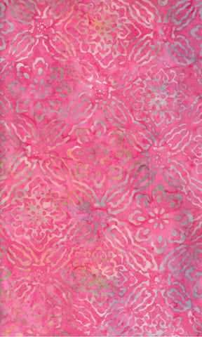 CAR 491 FB3 Floral Boutique Batik Cotton: Tan and  Grey Chequerboard Tile Pattern of Florals on Mid Pink for Patchwork and Quilting
