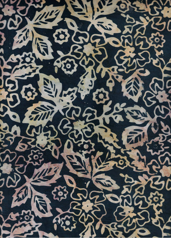 CAWBGB 721 FB Floral Boutique Gold, Cream and Dusky Pink Leaves and Abstract Flowers on Very Dark Navy Blue Batik Cotton for Patchwork and Quilting