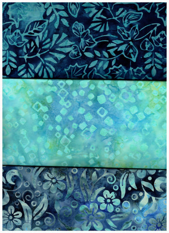 FB1M3 0104 Fabric Bundle 1M each of 3 Co-ordinating Aqua Blue Prints Cotton Batik Fabrics