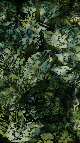Green Batik Fabric for Patchwork, Quilting, Sewing and Textile Art: White, Blue-Green Leaves on Dark Green Hoffman Batik/CAG 463 H